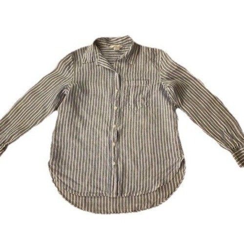H&M Button Down Womens S Blue White Striped Linen Blend Long Sleeve Shirt Top