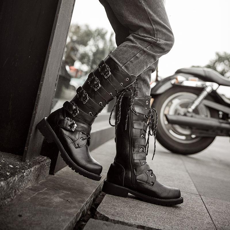 Men's Punk Military Riding Boots - Motorcycle Combat Lace-Up Mid Calf Casual Boots  