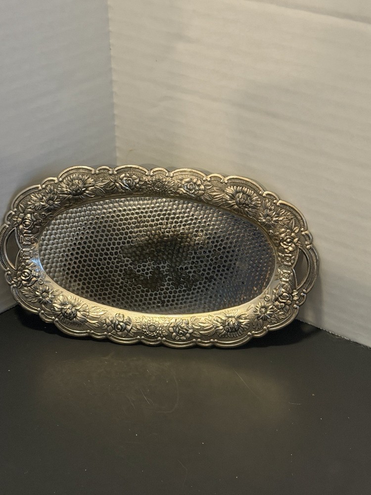 vintage small Japanese tray platter ornate flower rose detail oval 8