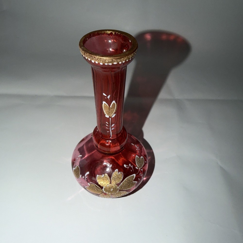 Bohemian  Cranberry Art Glass Heavy Gold & Enamel 8