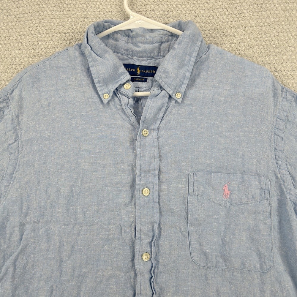 Polo Ralph Lauren Shirt Mens XL Blue Linen Classic Fit Short Sleeve Button Down