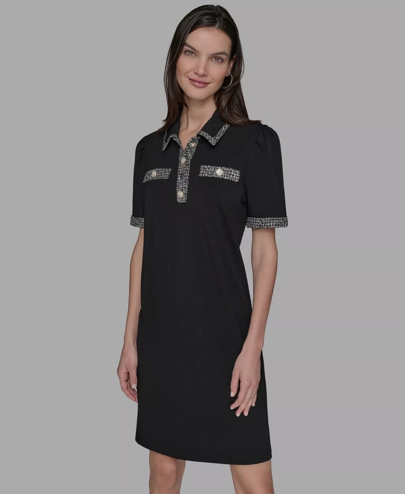 KARL LAGERFELD PARIS Women's Dress Sz M Tweed-Trim Button-Front