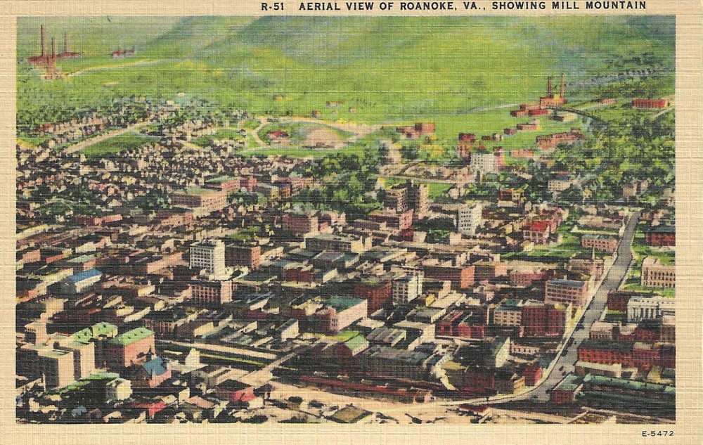 Roanoke Virginia VA ~ Aerial View of Roanoke w/ Mill Mountain~Linen Postcard UNP