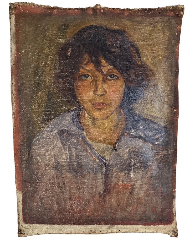 Vintage Double-Sided Oil Painting Portrait Boy & European Street Scene