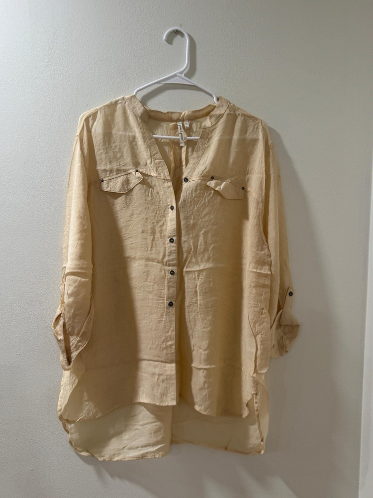 Grand & Greene XL Women’s Tunic Blouse Beige Button Front Roll Tab Sleeve Rayon