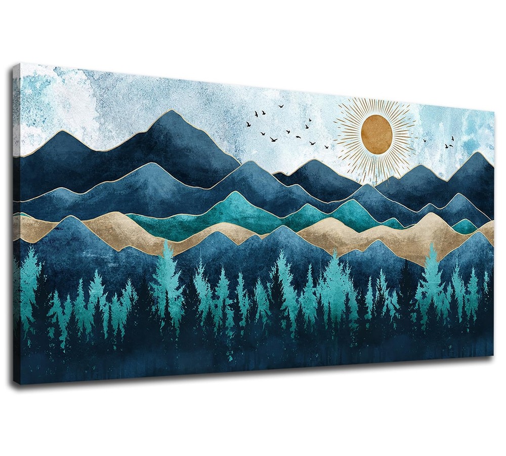 Blue Forest Canvas Wall Art Nature Landscape Pictures Abstract Pinewood Paint...-image