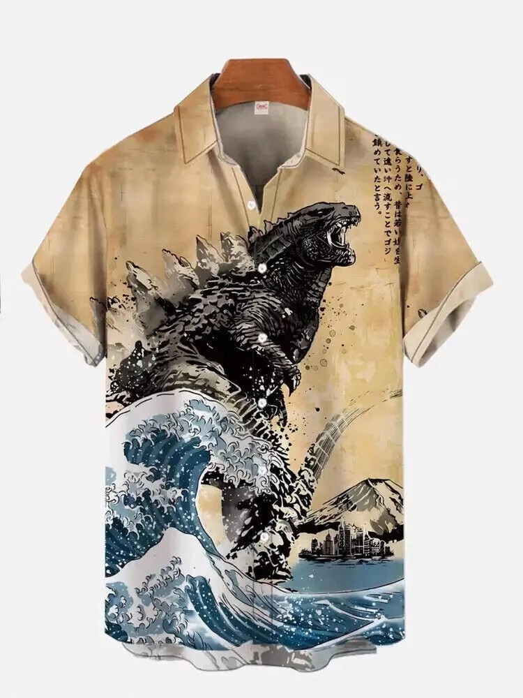 Vintage Godzilla Art 3D Hawaiian Shirt for Summer Vacation