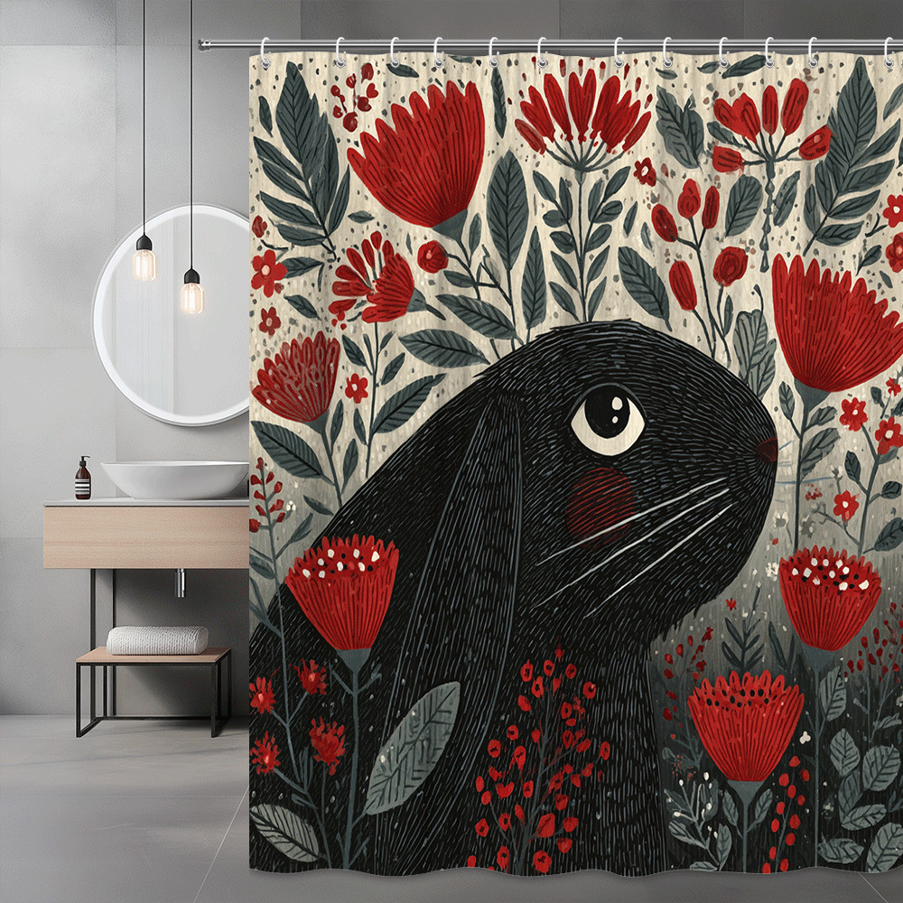 Black Rabbit Floral Shower Curtain Red Botanical Print