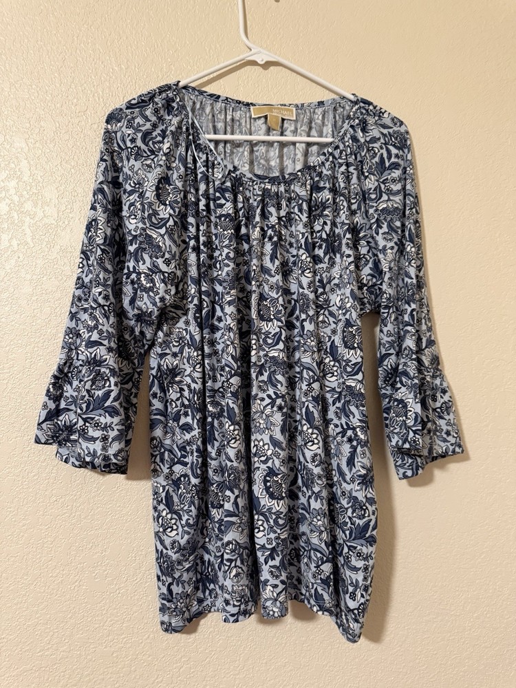 Michael Kors Womens Multicolor Round Neck Blouse ,  Blue 3/4 Sleeve SIZE 2X