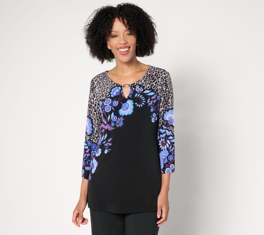 Susan Graver Women's Top Sz L Printed Liquid Knit Keyhole Trim Blue A544657