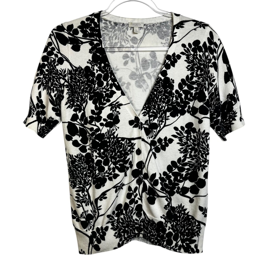 Talbots Petite SP Short Sleeve Cardigan Sweater Black White Botanical Cotton