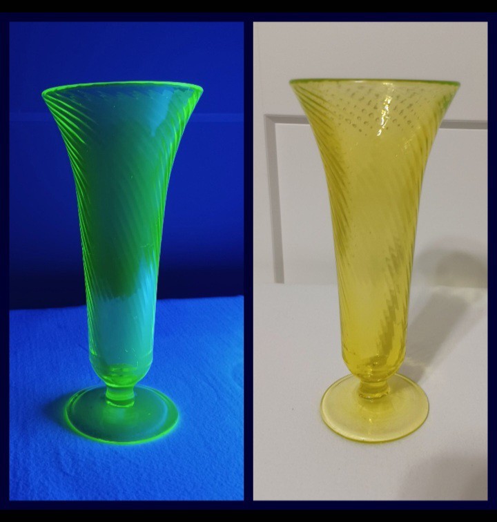 Antique Victorian Vaseline Glass Vase, Swirled Yellow Uranium Glass Trumpet Vase