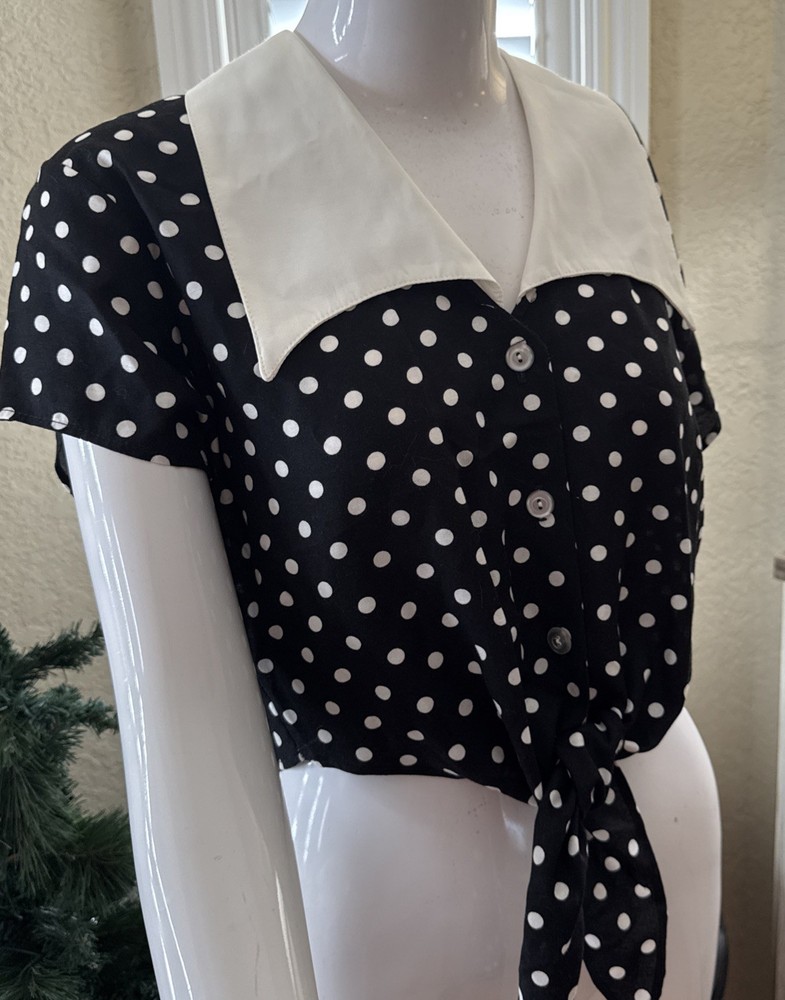 Vintage Anxiety Polka Dot Blouse Sailor Collar Nautical Top USA Large  90s