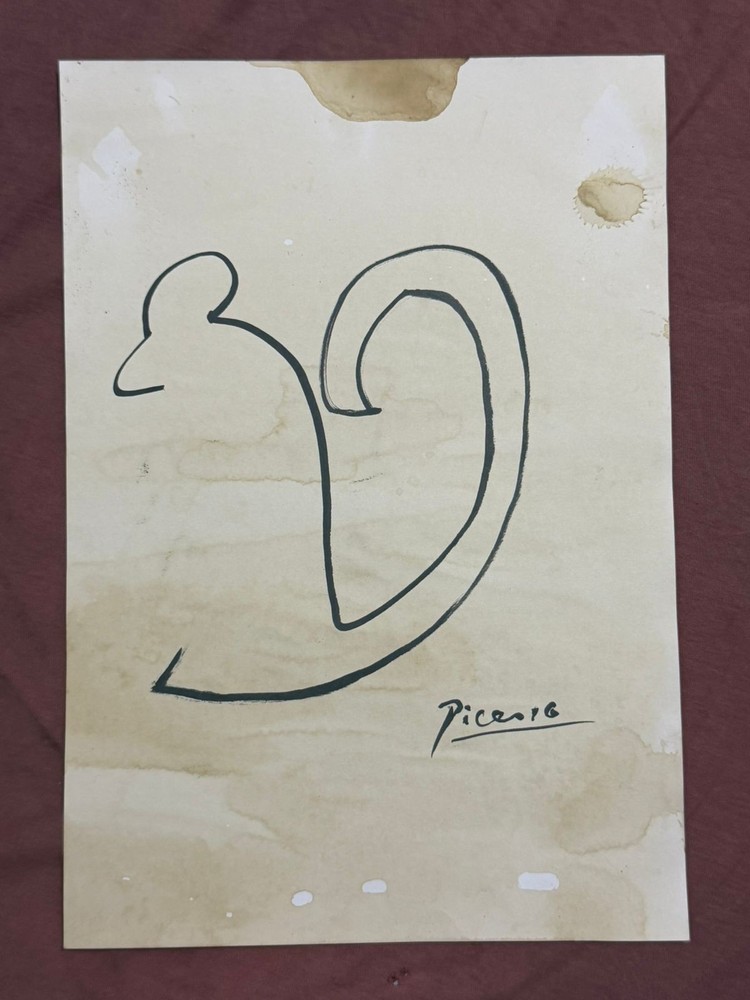 PICASSO drawing and painting on old paper signed stamped vintage