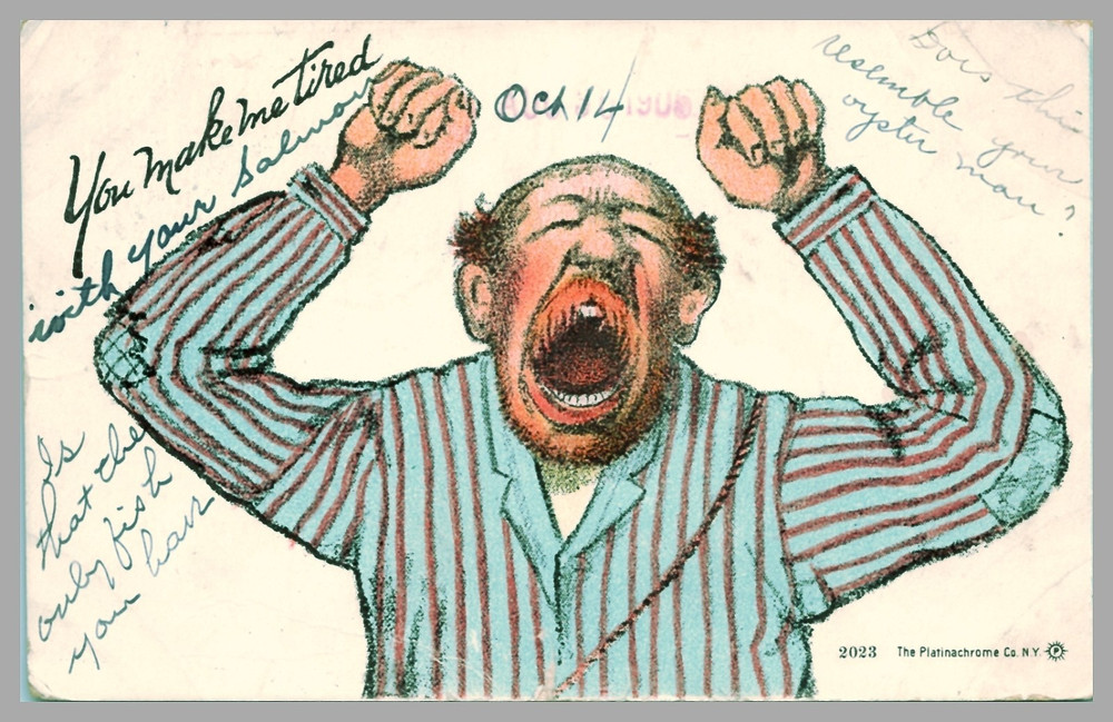 You Make Me Tired With Your Salmon Comic Man Yawning UDB c1905 Humor Postcard