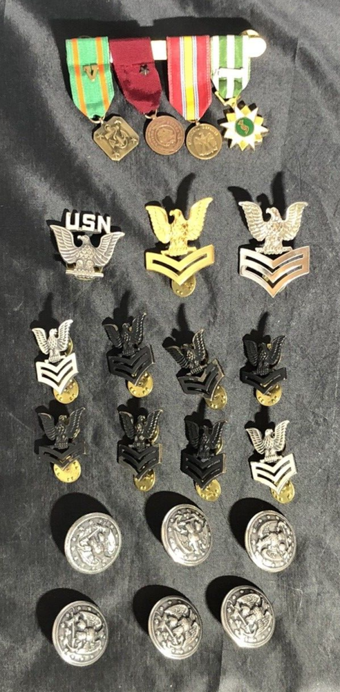 Lot of U.S. Navy USN Ribbons Insignia Buttons Corporal Seargent Vietnam Era