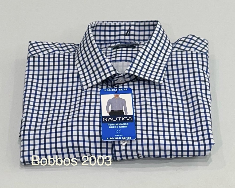 Nautica Men's Performance Slim Fit Dress Shirt, Blue, L (16-16.5, 32/33)