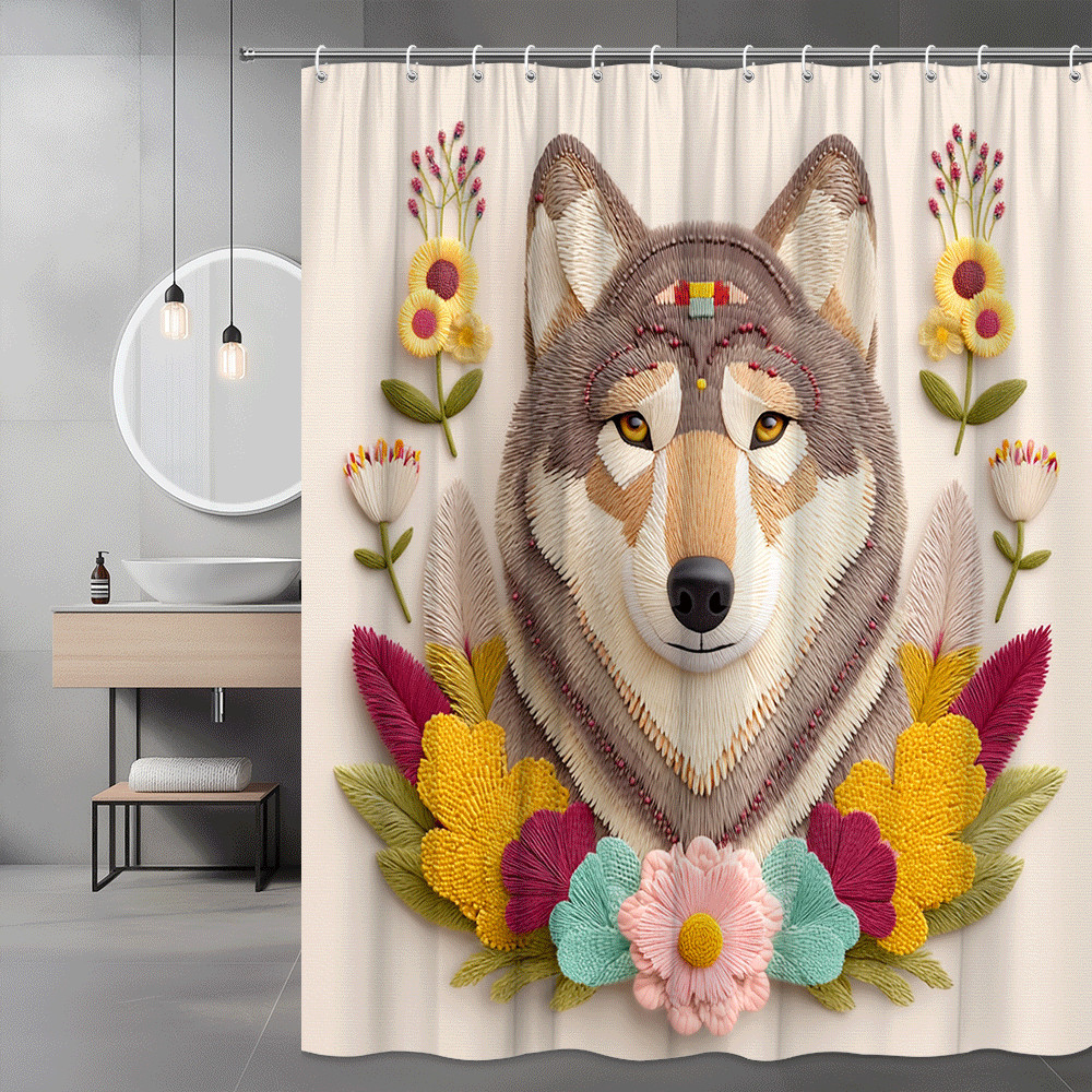 Wolf Floral Shower Curtain Boho Animal Print