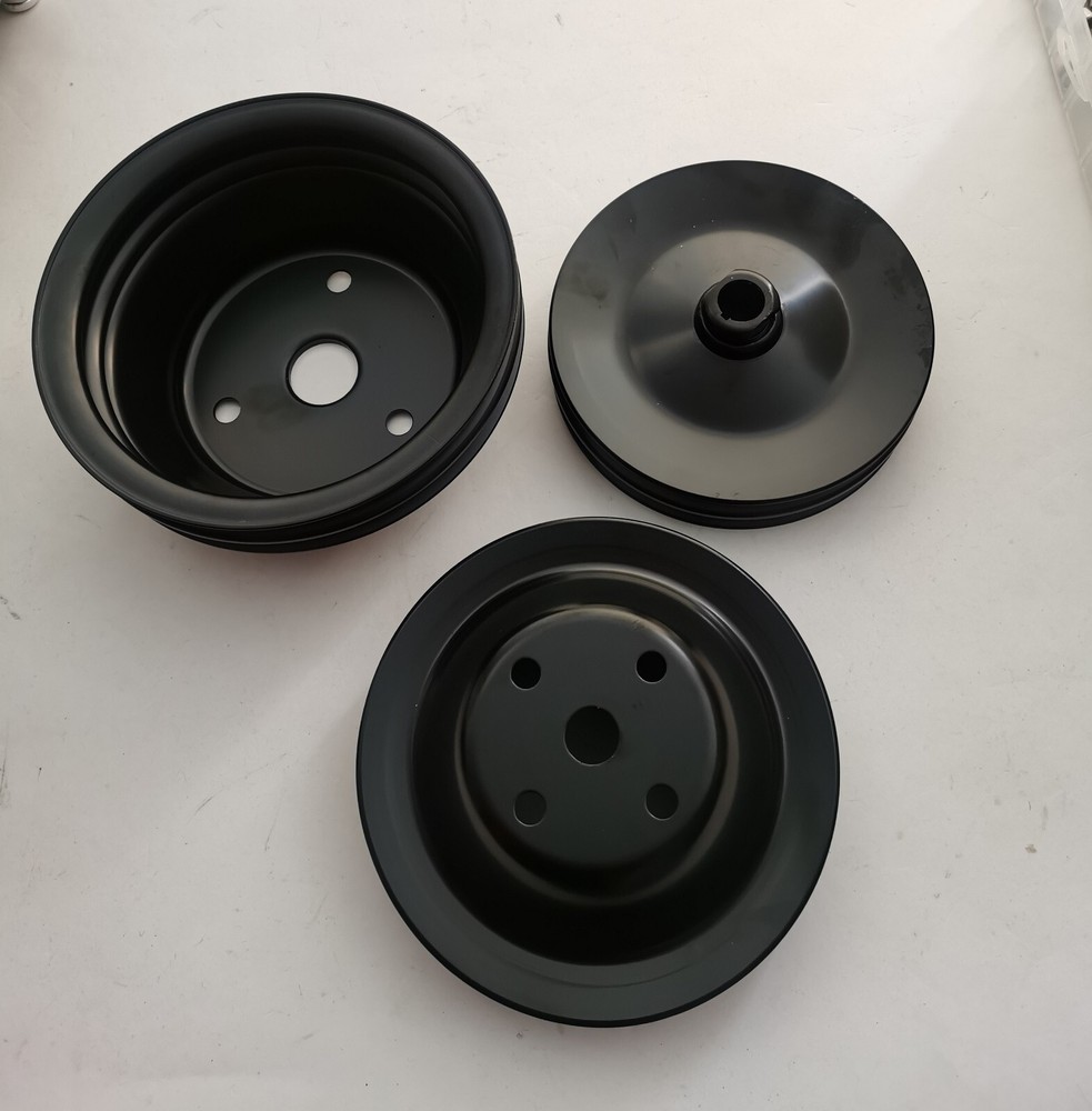 SBC Small Block Chevy 2 Groove Black Steel Long Water Pump Pulley Kit 327 350