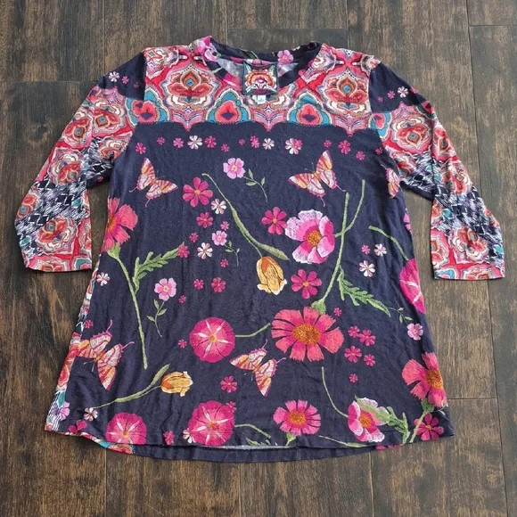 $168 JOHNNY WAS butterfly Floral Boho Tunic S 3/4 Sleeve Bamboo Blend Knit Top S