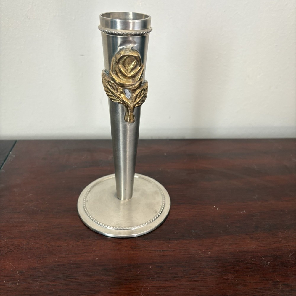 Vintage Pewter Bud Vase W/ Brass Rose Emblem Detail