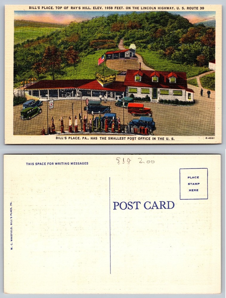 Bill's Place Ray's Hill PA Lincoln Highway US Route 30 Linen Postcard