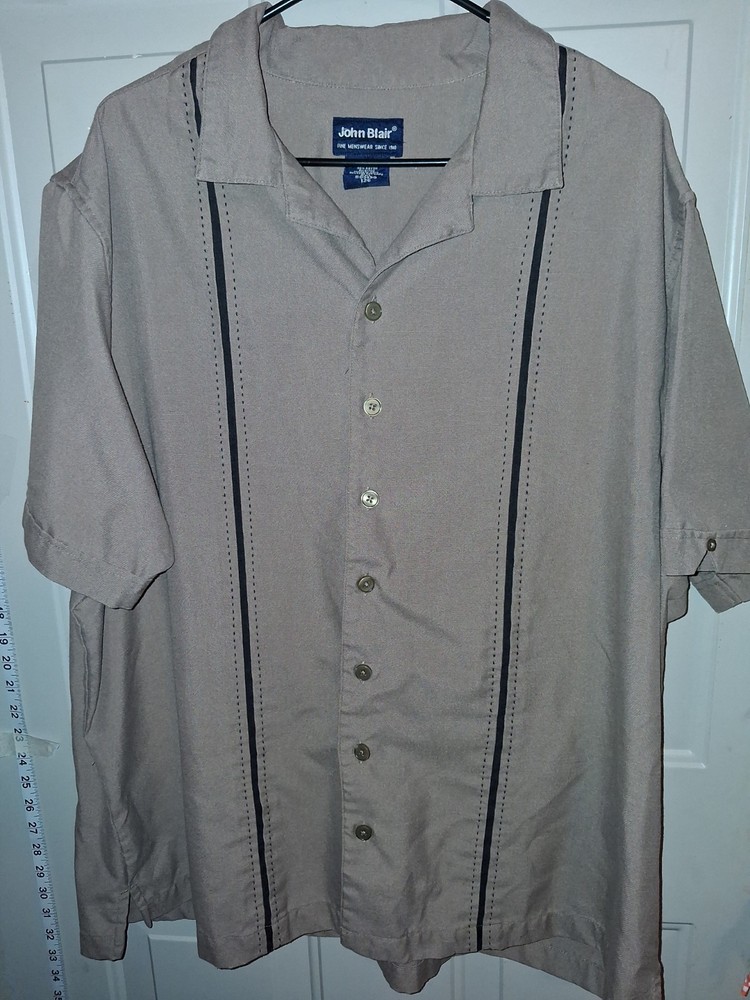 John Blair Shirt Men 2XL Beige Striped Button Up Short Sleeve Casual Camp