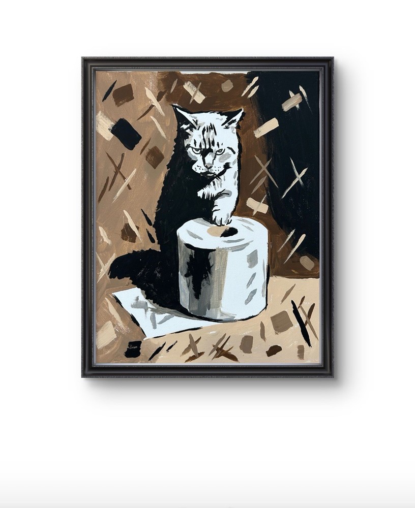 Original Abstract Cat Toilet Painting 14x11 canvas Modern Wall Art Home Decor