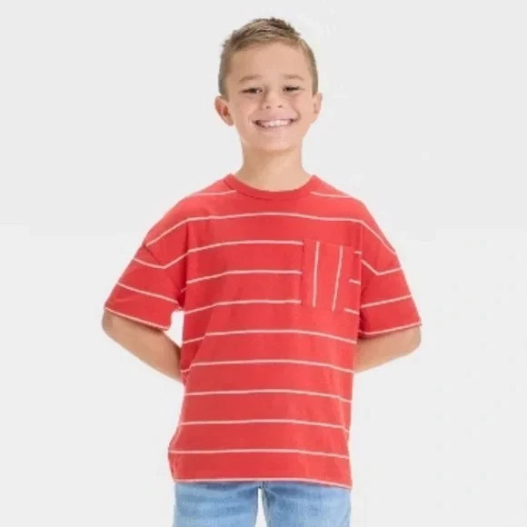 Cat & Jack Boys Size Medium (8) Red Striped Pocket T-Shirt Short Sleeve NEW