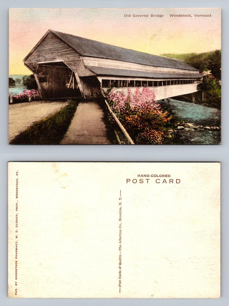 Woodstock, VT-Vermont, HAND COLORED Old Covered Bridge Vintage Postcard
