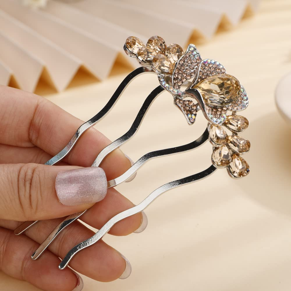 Dainty Crystal Flower Hair Comb Sparkly Rhinestone Inlaid Hair Side Combs Long T
