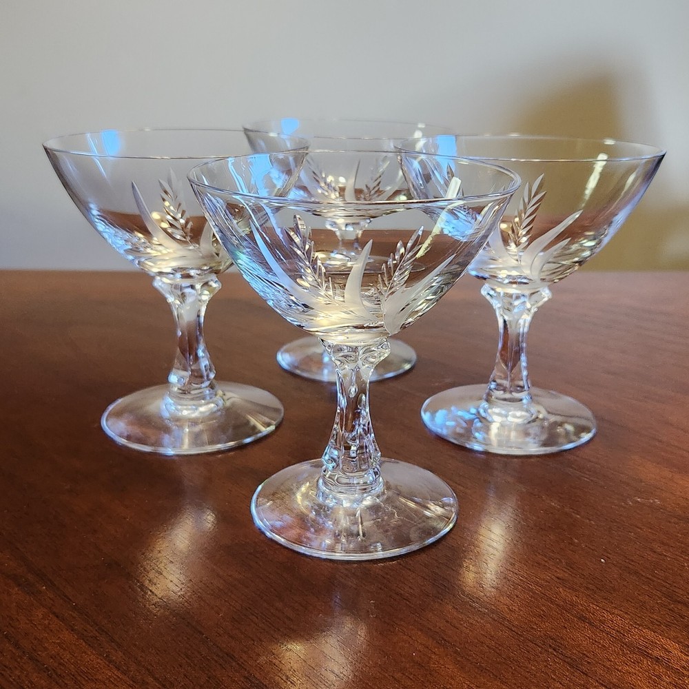 Fostoria Leaf Etched Champagne Sherbet Stem Glasses (4) Stemware Signed Vintage