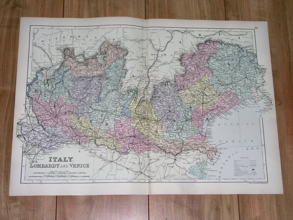 1891 Antique Map Of Northern Italy Lombardy Milan Venice