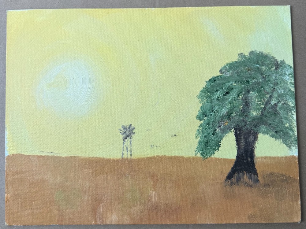 Vintage Painting Landscape Americana Folk Art Windmill Country Amateur Made USA