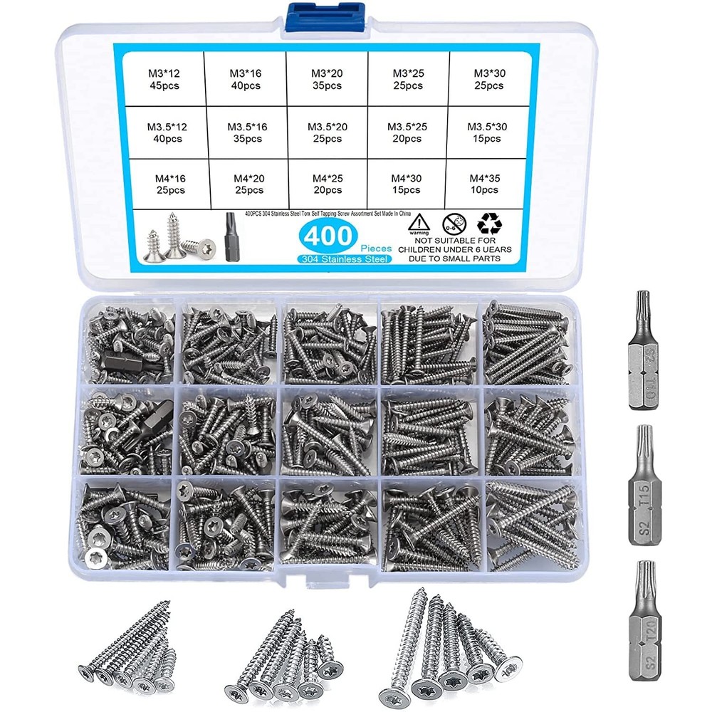 400 Pcs Stainless Steel Wood Screws Kit with 3 Drill Bits for DIY Projects