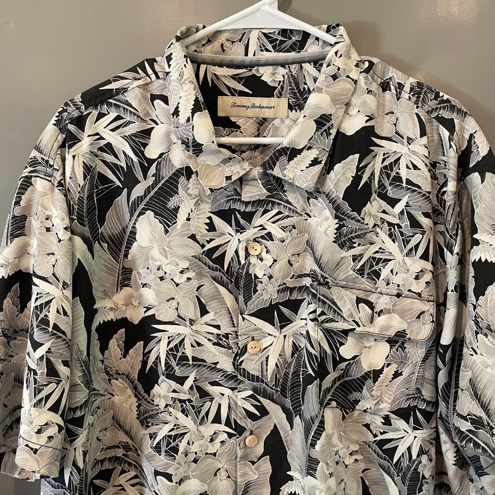 Tommy Bahama Mens XXL Silk Blend Tropical Floral Palm Camp Shirt Black Grey