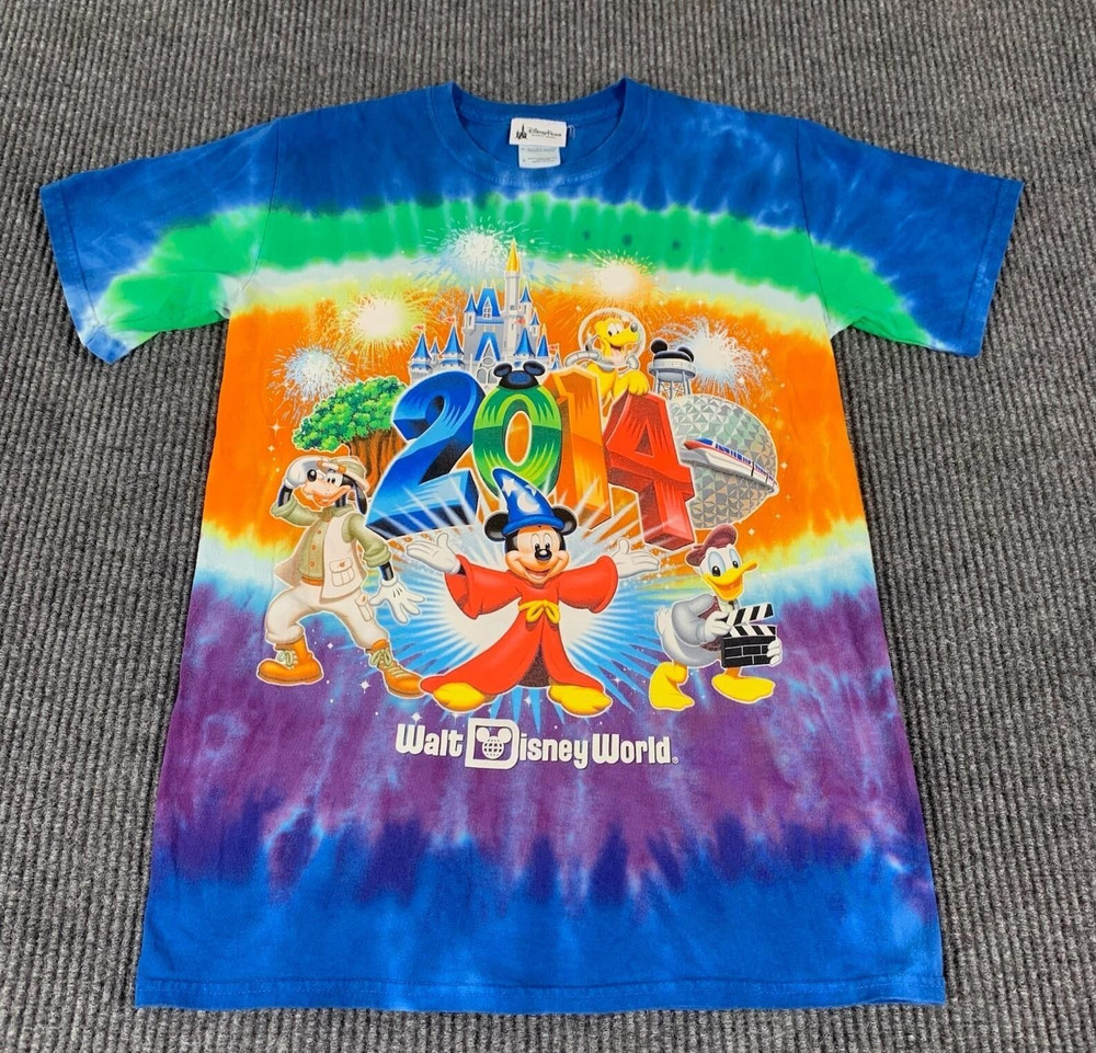 Disney Parks T Shirt Womens Small Blue Tie Dye Friends Goofy Mickey Donald Duck