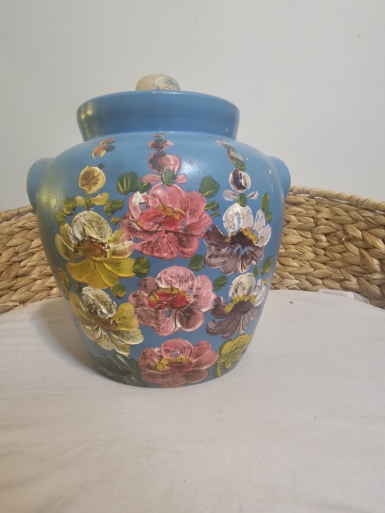 Ransburg Stoneware Crock Cookie Jar w/Lid Blue Hand Painted Florals Holly Hocks