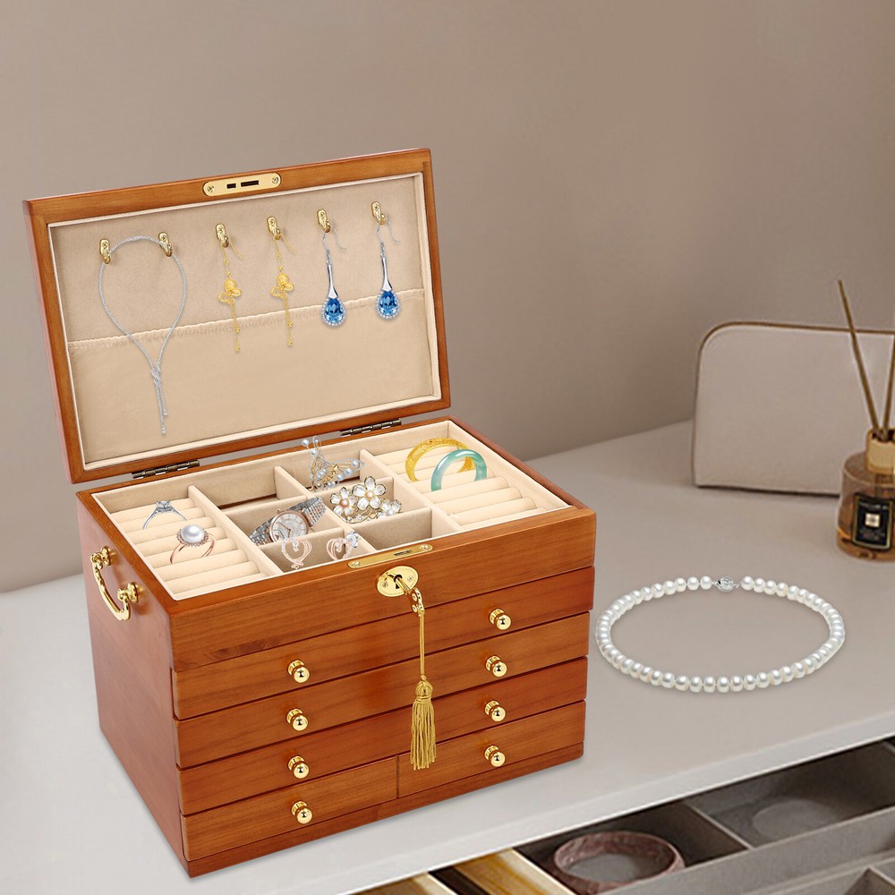 5-Layer Large Wooden Jewelry Storage Box Ring Necklace Organizer with 4 Drawers