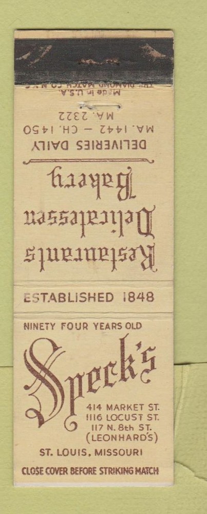 Matchbook Cover - Speck's Restaurant St Louis MO WEAR