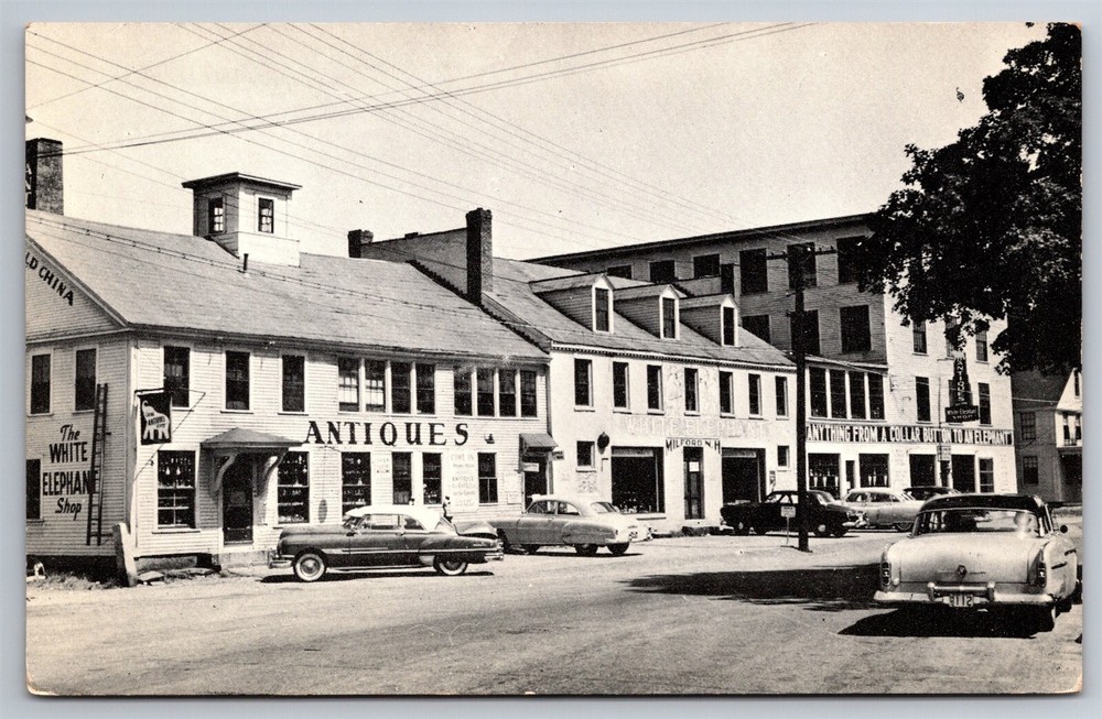 Main St Scene White Elephant Shop Antiques Milford NH C1950s Postcard AB21
