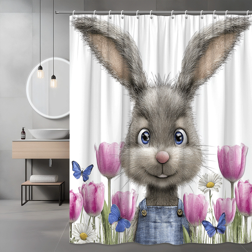 Rabbit in Tulips Shower Curtain, Bunny Floral Print