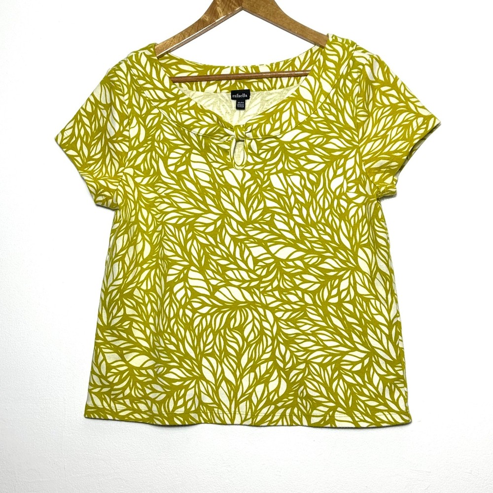 Rafaella Shirt Womens XL Olive Green White Leaf Knotted Neck Cotton Short Sleeve