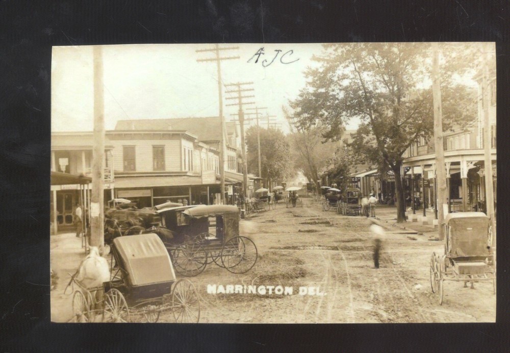 Real Photo Harrington Delaware Downtown Street Scene Dirt Postcard Copy