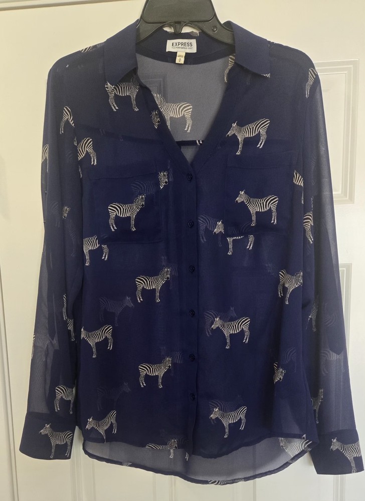 Express Women's Medium Navy Blue Zebra Print Long Sleeve