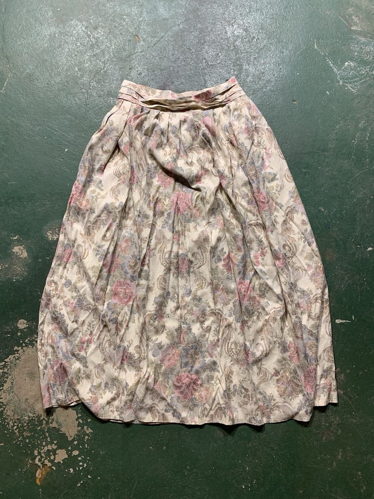 Nilani Floral Pleated Midi Skirt Button Closure Beige Pink Women’s Vintage 80s