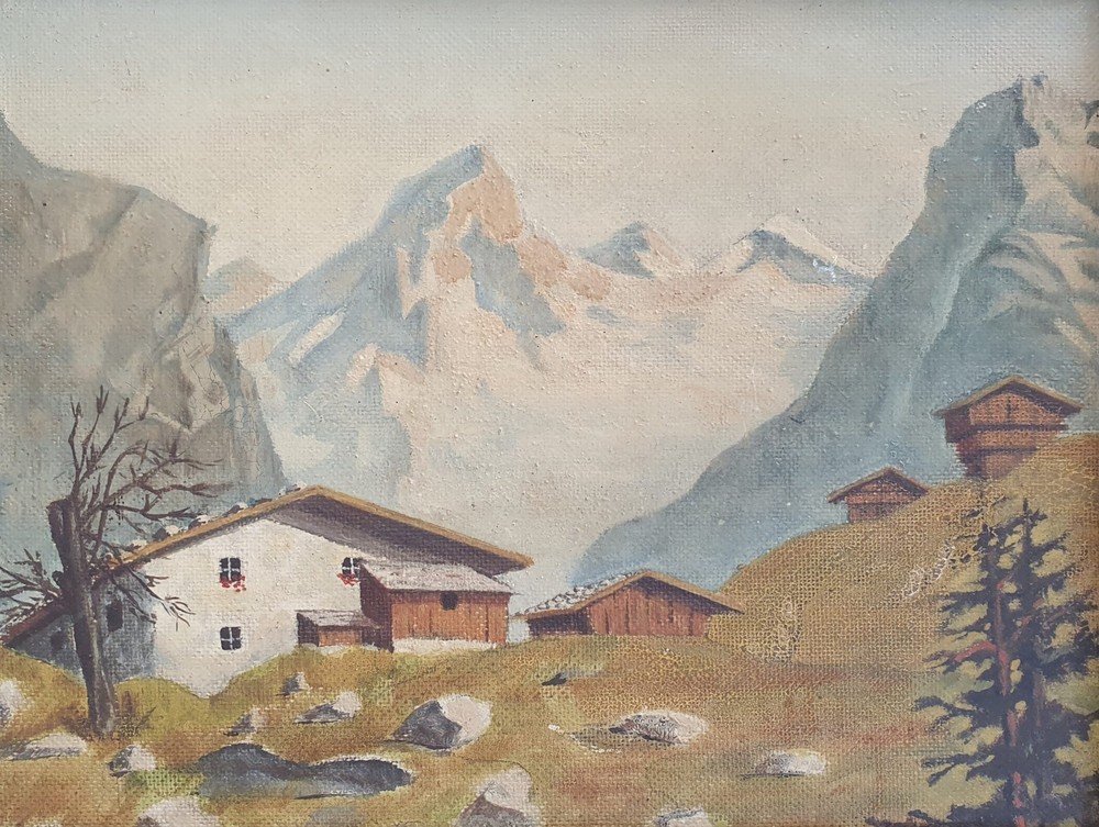 Alpine landscape, mountain landscape with houses, painting, framed