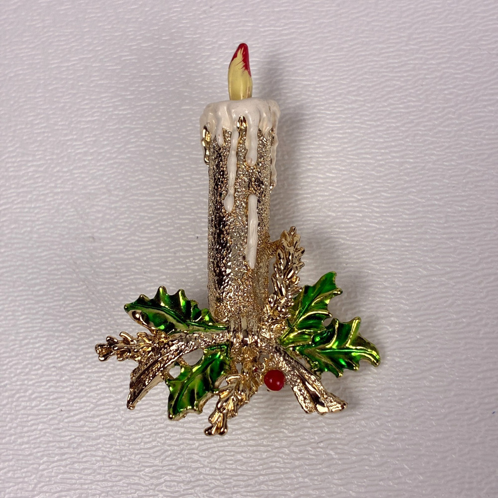 Gerry's Christmas Candle Brooch Pin Gold Tone Enamel Holly Holiday Vintage