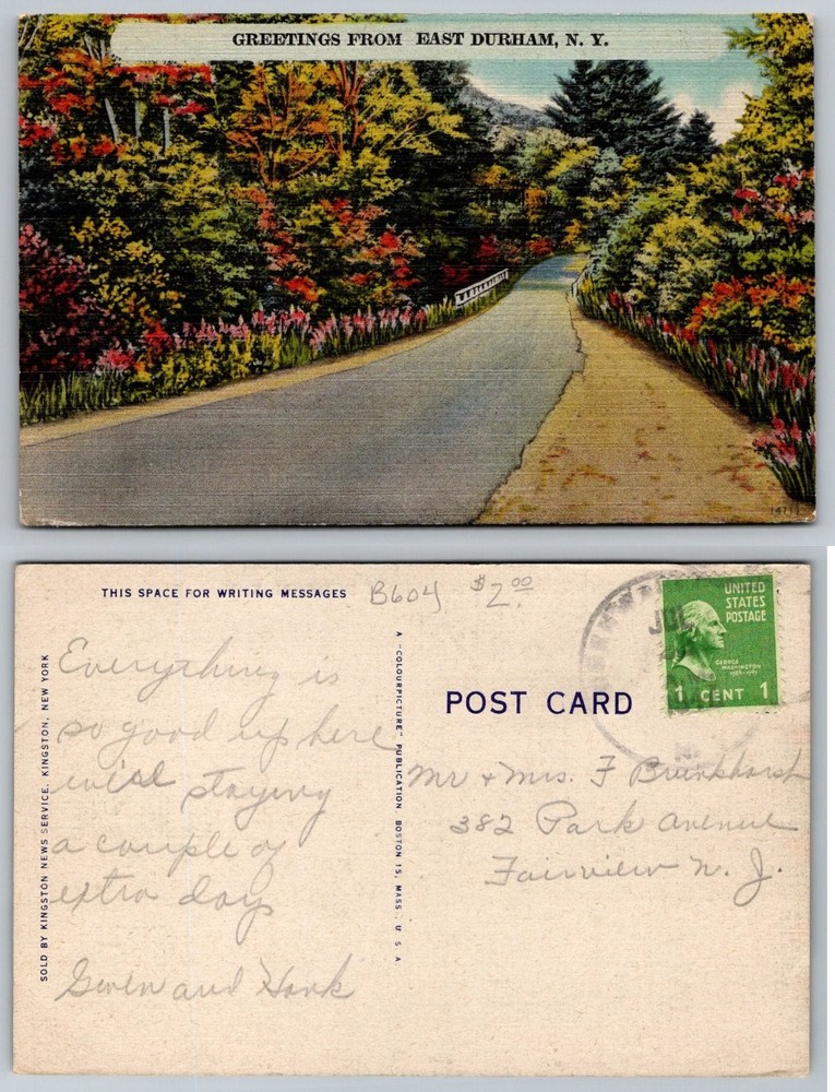 Greetings from East Durham NY Postcard Scenic Road Autumn Foliage Linen US 1930s