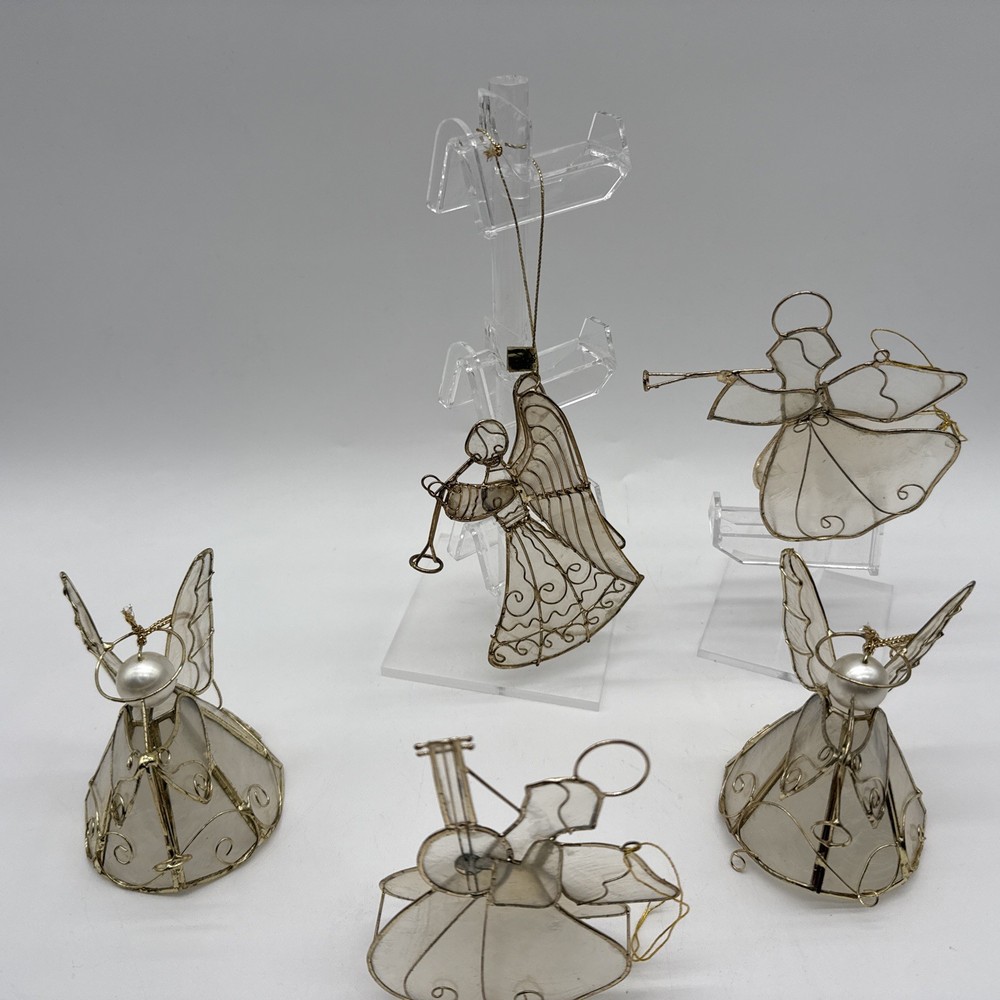 Capiz Shell Angel Christmas Ornaments Lot of 5, White Golden Wire 3-3.5